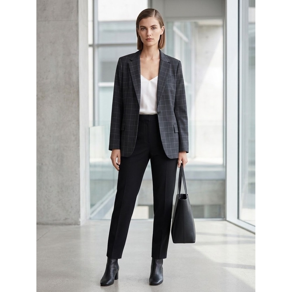 Theory Staple Blazer Windowpane Wool Charcoal Grey Plaid Jacket Size 14 K0505105